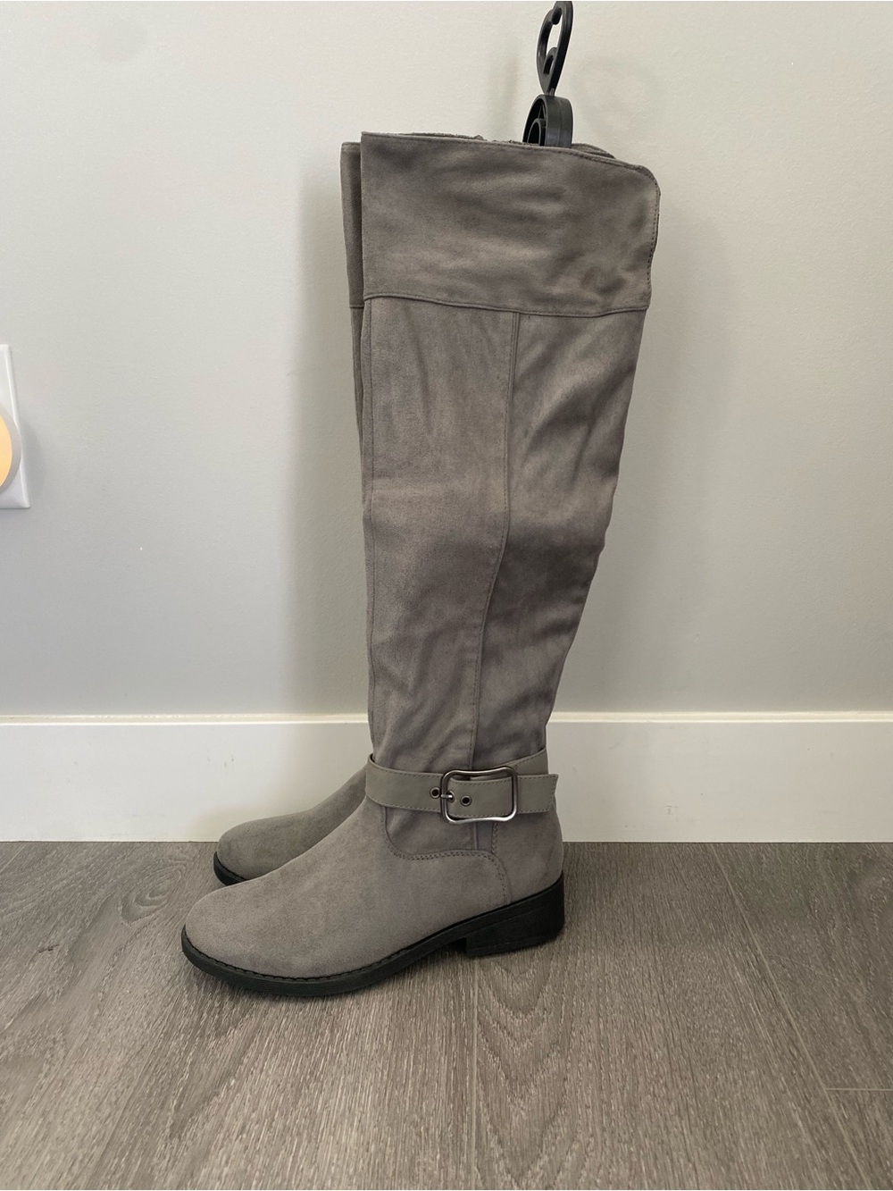Knee-High Buckle Riding Boots - Gray